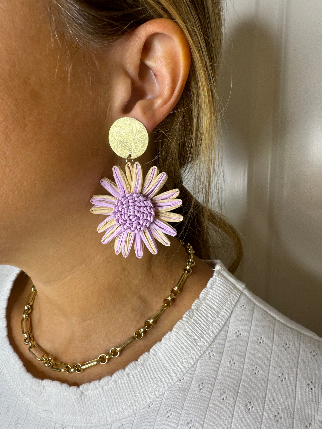 Purple Raffia Flower Earring