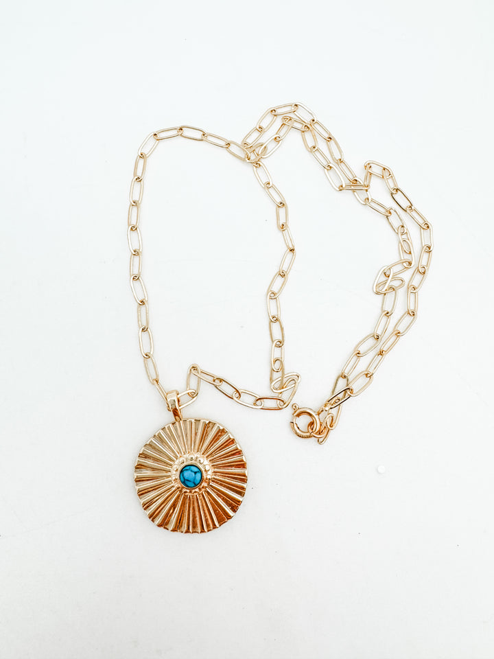 Turquoise and Fluted Gold Pendant Necklace