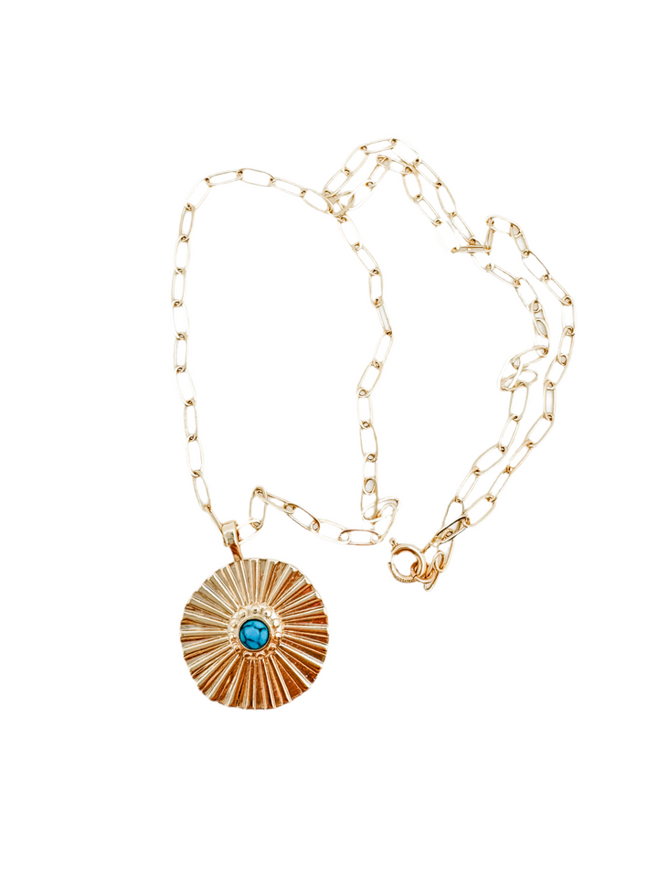 Turquoise and Fluted Gold Pendant Necklace