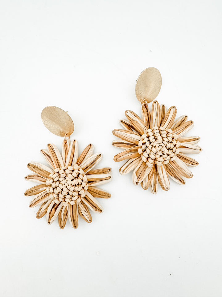 Tan Raffia Flower Earring