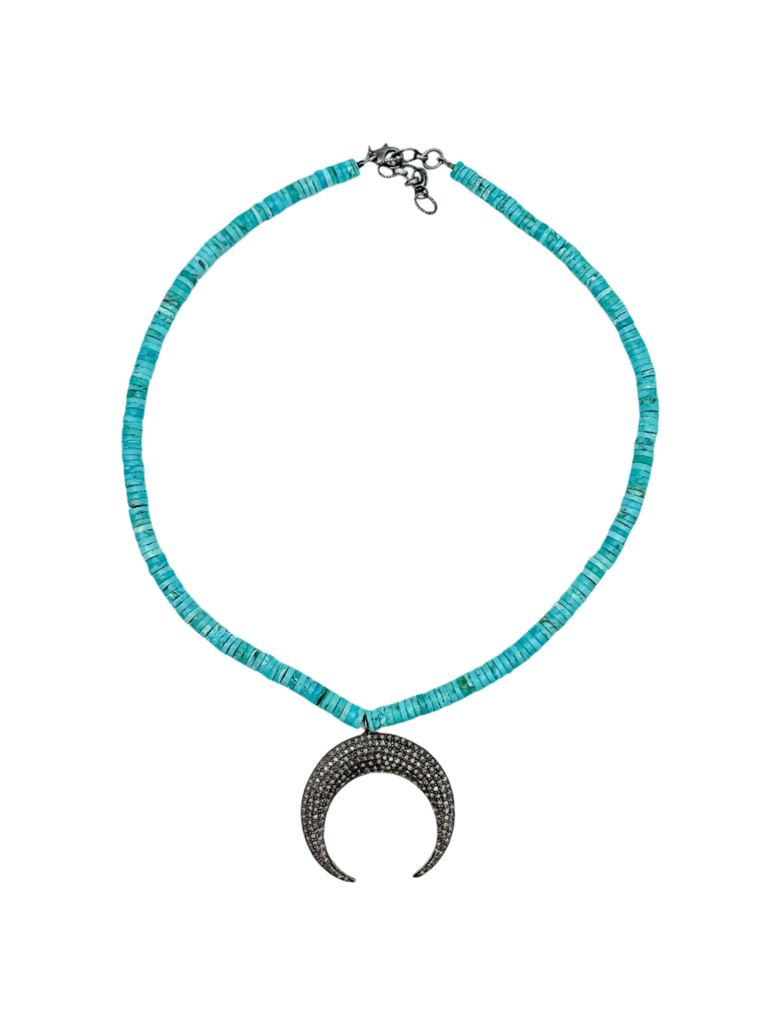 Blue Turquoise and Pave Diamond Moon Necklace