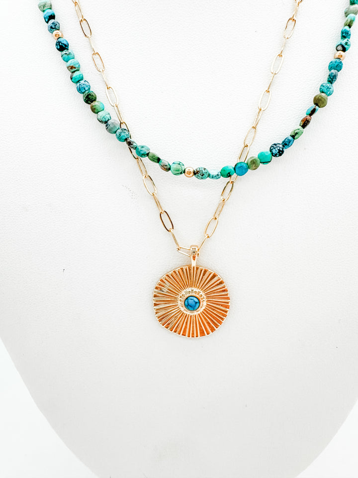 Turquoise and Fluted Gold Pendant Necklace