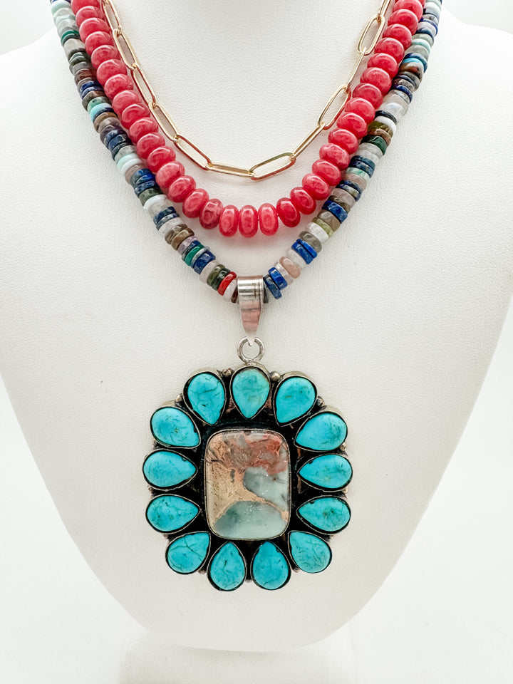 Blue Turquoise and Jasper Flower Pendant