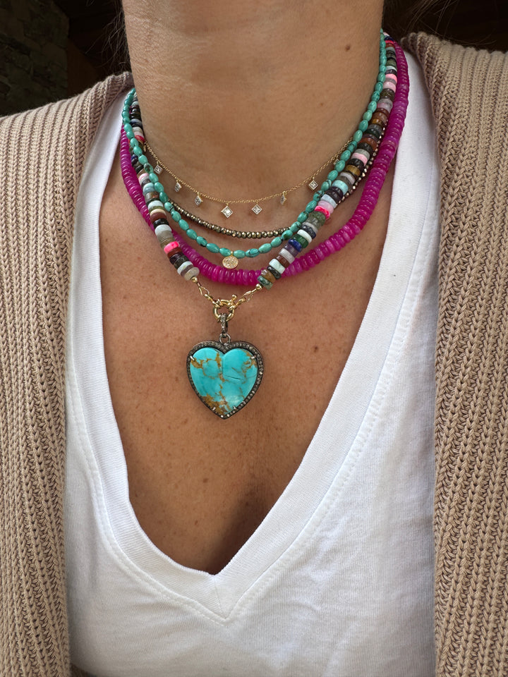 Turquoise Necklace with Gold and Diamond Coin Charm